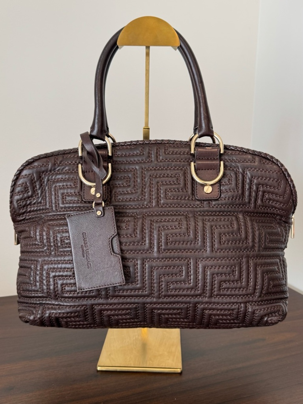 Versace Brown Quilted Medusa Greek Key Leather Satchel w/ Strap - AS IS